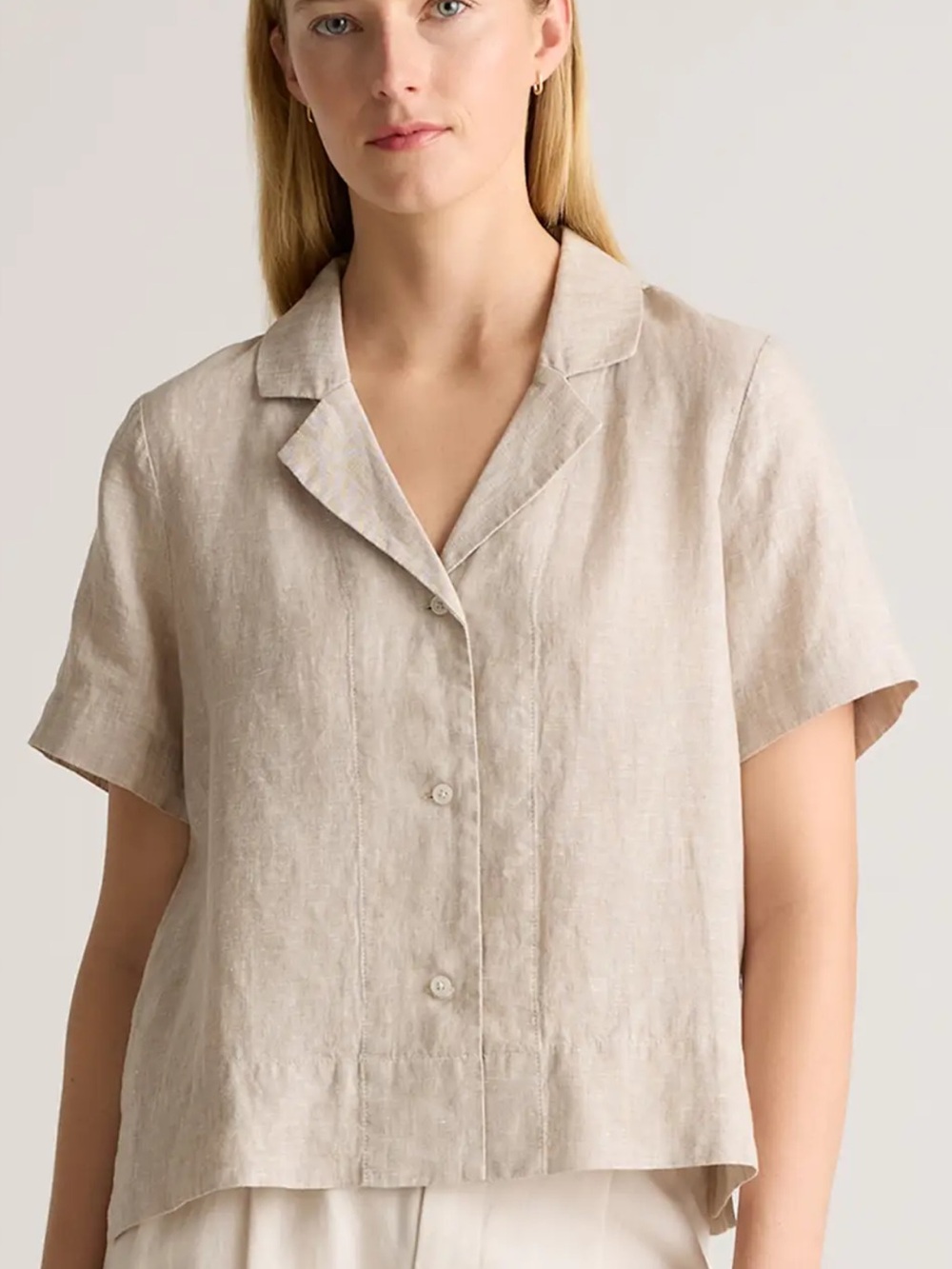 Quince European Linen Short-Sleeve Button Down Boxy Top Beige S